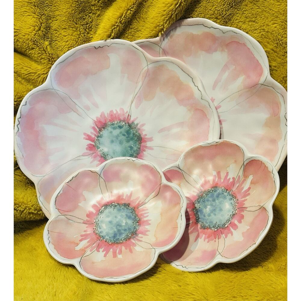 Merritt - 4 pc Floral Dinner Plates Melamine set Lot Picnic Pink Flowers 2 Sizes